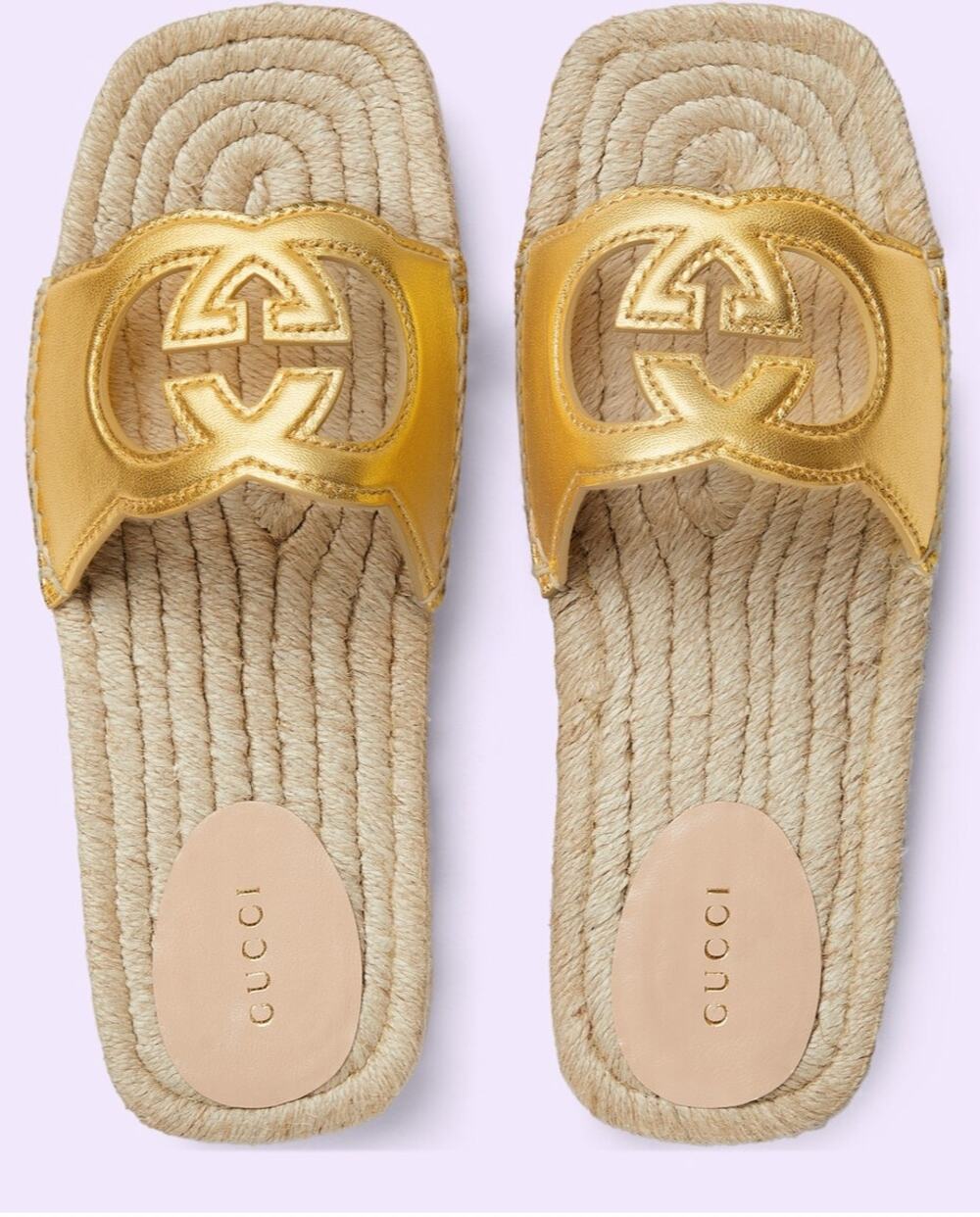 Gucci Interlocking G Cut Out Espadrille Gold Leather GG Slide Sandal 38.5